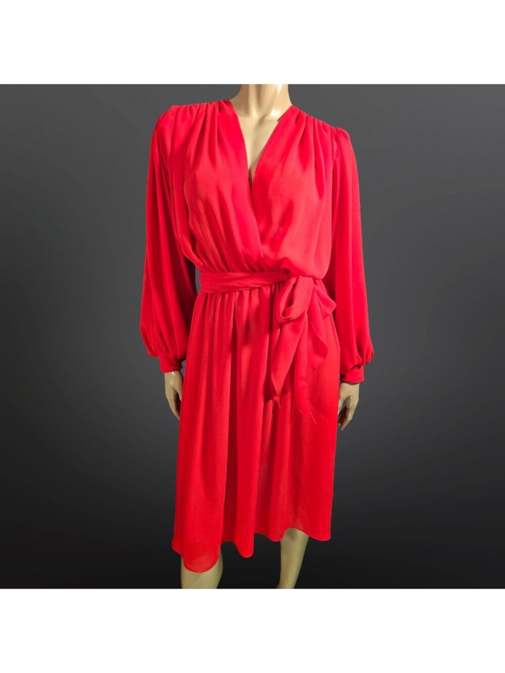 Vintage 70s Joseph Ribkoff Red Chiffon Midi Dress size S Tie belt Long sleeve